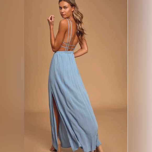 Lulus Dresses & Skirts - Lulus Lost in Paradise Slate Blue Maxi Dress!  Plunging Neck line size Medium